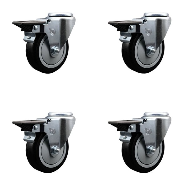 4'' Black Poly Wheel Swivel Bolt Hole Caster Set with Posi Lock Brakes, 4PK